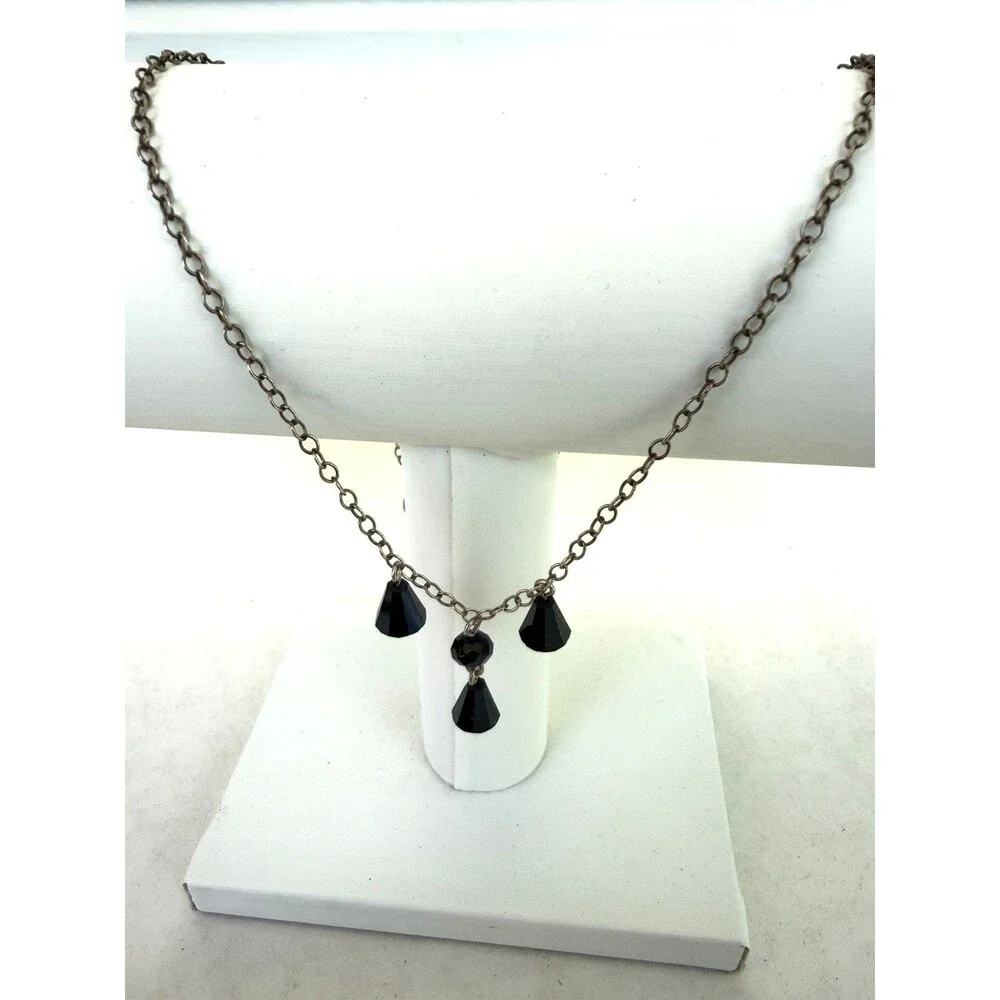 Emily Ray Sterling Silver 925 Black Crystal Station Necklace Victorian Gothic